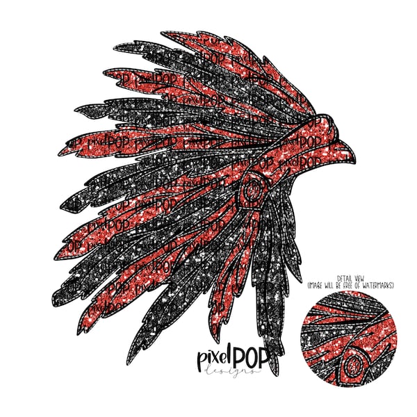 Plume de guerrier indien amérindien Faux Sparkle Glitter Coiffe PNG Design Rouge Noir | Conception de sublimation | Art numérique | Imprimable