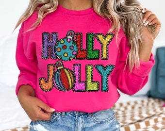 Holly Jolly with Ornaments Christmas Faux Glitter Applique PNG Design Sublimation DTF Screen Print Art Faux Sequins Sparkly Sparkle