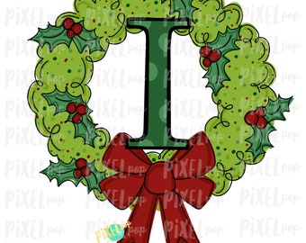 Whimsical Holly Wreath with I Monogram PNG | Christmas Sublimation | Hand Painted | Sublimation | Digital Download | Printable Artwork | Art