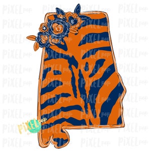 State of Alabama Shape Blue and Orange Stripes Flowers PNG | Sublimation Design | Heat Transfer | Digital | Printable | Clip Art