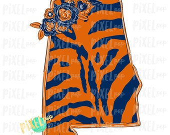 State of Alabama Shape Blue and Orange Stripes Flowers PNG | Sublimation Design | Heat Transfer | Digital | Printable | Clip Art