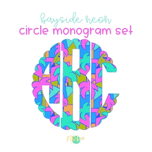 Conjunto de monogramas Bayside Neon Palm Tree Scalloped Circle | Fonte de monograma digital | Pintado à mão | Letra de rabisco de sublimação | Letras de transferência