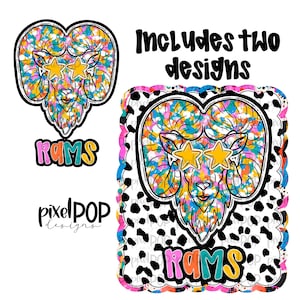 May include: Two digital designs featuring a colorful ram with sunglasses and the word "RAMS" in a colorful font. The designs are on a white background with black and white polka dots.