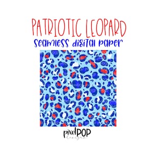 May include: Seamless digital paper pattern featuring a red, white, and blue leopard print. The background is light blue with red and blue leopard spots.