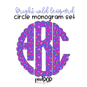 Conjunto de monogramas de círculo recortado com estampa de leopardo brilhante e selvagem | Fonte de monograma digital | PNG | Letra de rabisco de sublimação | Letras de transferência