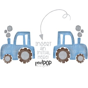 Könnte beinhalten: Zwei blaue Aquarell-Traktoren mit braunen Rädern und grauen Schornsteinen. Der Text "Füge ein Initial hier ein!" befindet sich unter den Traktoren. Der Text "pixelpop designs" befindet sich unter dem Text.