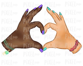 Corazones de mano PNG / Afroamericanos y caucásicos / Igualdad digital PNG / Sublimación PNG / Descarga digital / Arte imprimible / Clip Art