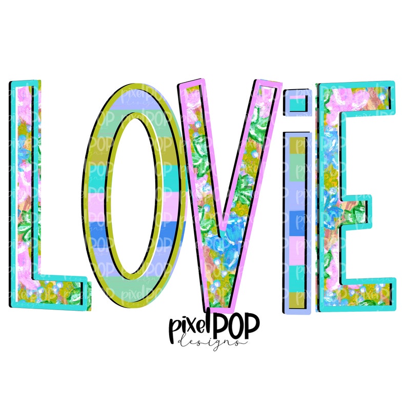 Lovie Diseño Floral y de Rayas PNG / Love Art / Love Design / Dibujado a mano PNG / Sublimación PNG / Descarga digital / Día de la Madre / Arte imagen 1
