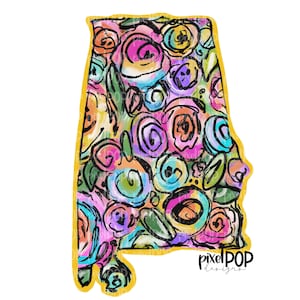 État de l'Alabama en forme sur toile acrylique florale numérique PNG | Alabama AL | État d'origine | Transfert de chaleur | Numérique | Fond floral