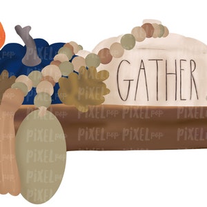 May include: A brown wooden tray with a white ceramic dish that says "GATHER" in black lettering. The tray is decorated with fall-themed items, including pumpkins, gourds, and a brown tassel.