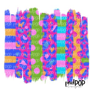 May include: A digital design featuring a colorful abstract pattern with stripes, polka dots, and leopard print. The design is painted with a brushstroke effect and has a distressed look.