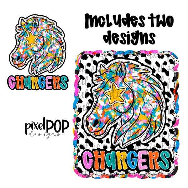 Graffiti Dotty Chargers Hand Drawn Style PNG Designs | School Mascot Digital Design | Horse | Sublimation DTF Screenprint Transfer Art