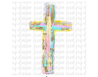 Op de afbeelding: Een kleurrijk kruis met een verweerde, beschilderde look. Het kruis is geschilderd in tinten roze, blauw, geel en goud. Het kruis is een religieus symbool.