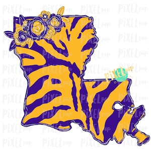 State of Lousiana Shape Purple and Gold Stripes Flowers PNG | PNG | Sublimation Design | Heat Transfer | Digital | Printable | Clip Art