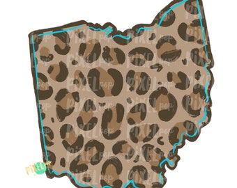 Estado de Ohio em formato turquesa e leopardo PNG | Ohio | Estado de origem | Design de sublimação | Transferência de calor | Digital | Estampa de leopardo | Arte estadual
