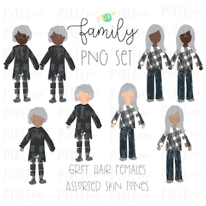 Conjunto de figuras de palo de mujeres de pelo gris variadas, miembros de la familia, sublimación PNG / Adorno familiar / Imágenes de retratos familiares / Digital