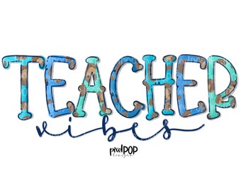 Pode incluir: Um design gráfico com padrão azul e marrom com o texto "TEACHER vibes".
