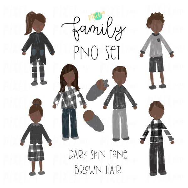 Dark Skin Brown Hair Stick People Figure Membres de la famille PNG Sublimation (fr) Ornement de famille (en anglais) Images de portrait de famille (fr) Portrait numérique (Digital Portrait) Art