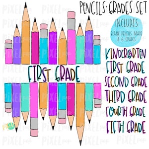 Pode incluir: Um conjunto de lápis de cor com as palavras "First Grade" no centro. Os lápis estão dispostos em forma de coração. O texto "PENCILS-GRADES SET" está do lado direito da imagem. O texto "INCLUDES: BLANK PENCILS IMAGE & 6 GRADES" está abaixo do texto "PENCILS-GRADES SET". O texto "KINDERGARTEN, FIRST GRADE, SECOND GRADE, THIRD GRADE, FOURTH GRADE, FIFTH GRADE" está abaixo do texto "INCLUDES: BLANK PENCILS IMAGE & 6 GRADES".