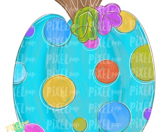 Calabaza turquesa con lunares de colores PNG / Diseño de Halloween / Diseño de otoño / Arte otoñal / Sublimación PNG / Arte digital / Ilustración imprimible
