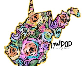 State of West Virginia Shape on Floral Acrylic Canvas Digital PNG | West VA Art | Home State | Heat Transfer | Digital | Floral State Shape