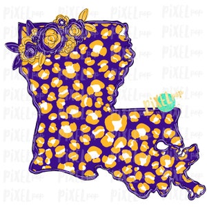 State of Lousiana Shape Purple and Gold  Leopard Flowers PNG | State Shape PNG | Sublimation Design | Heat Transfer | Digital | Printable |