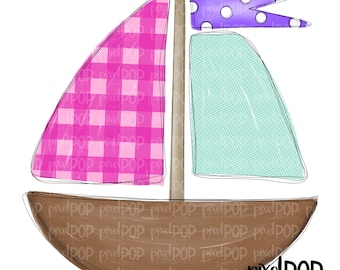 Pink Gingham Sailboat PNG | Boat Digital Art | Summer Sublimation Design | Heat Transfer PNG | Digital Download | Printable Art | Clip Art