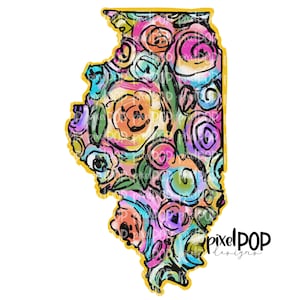 Staat Illinois-vorm op bloemen acrylcanvas digitaal png | Illinois, IL | Thuisstaat | Warmteoverdracht | Digitaal | Bloemenachtergrond