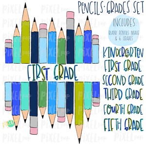 Pode incluir: Um conjunto de imagens clipart digitais com lápis coloridos e as palavras "Primeiro Ano" e "Jardim de Infância, Primeiro Ano, Segundo Ano, Terceiro Ano, Quarto Ano, Quinto Ano".