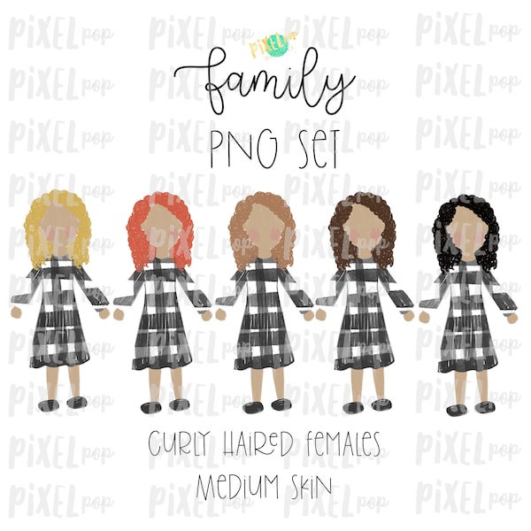 Curly Haired Females (Female E) with Medium Skin Tones Stick People Figure Family Members Set PNG Sublimation (en anglais seulement) Ornement de famille (en anglais) Portrait