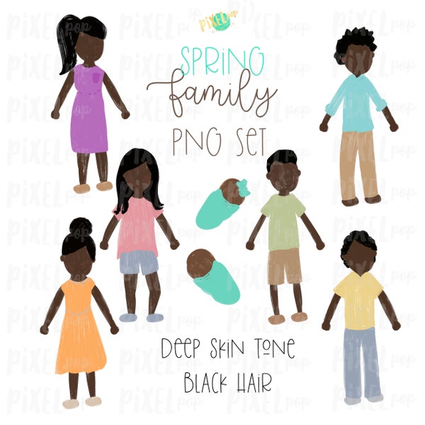 Deep Skin Black Hair Stick Personnes Figure Membres de la famille PNG Sublimation (fr) Ornement de famille (en anglais) Images de portrait de famille (fr) Portrait numérique (Digital Portrait) Art