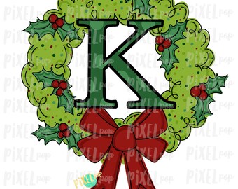 Whimsical Holly Wreath with K Monogram PNG | Christmas Sublimation | Hand Painted | Sublimation | Digital Download | Printable Artwork | Art