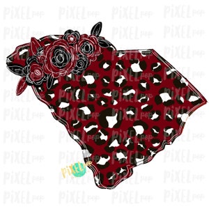 May include: A red and black leopard print outline of the state of South Carolina with a floral design in the top left corner. The flowers are white, black, and red.