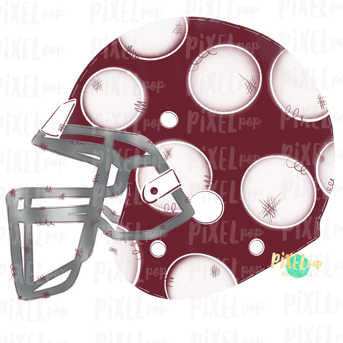Maroon and White Polka Dot Football Helmet Hand Drawn Etsy