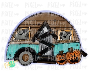 Camper fantasma embrujado Halloween Sublimación PNG / Diseño artístico dibujado a mano / Sublimación PNG / Descarga digital / Ilustración imprimible / Arte