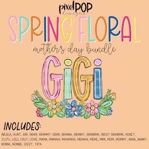 Frühlingsblumenblumen Muttertagsnamen Bundle PNG Design | Sublimation DTF Siebdruck Transfer ART | Hand Großmutter Muttertag gezeichnet