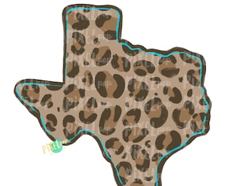 Estado de Texas, forma turquesa y leopardo PNG / Texas / Estado de origen / Diseño de sublimación / Transferencia de calor / Digital / Estampado de leopardo