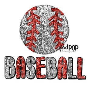 May include: A silver and red glitter baseball with the word "BASEBALL" in red and silver glitter letters.