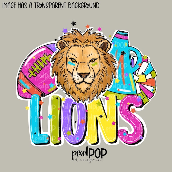 Football and Poms Cheer Bright Lions PNG | School Mascot Digital Design | Lions | Sublimation, DTF, Screenprint Transfer Art