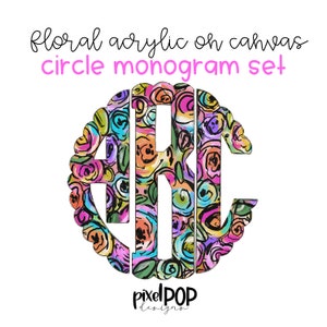 Conjunto de monogramas circulares festoneados con motivos florales en acrílico / Fuente de monograma digital / Pintada a mano / PNG / Letras de sublimación / Letras de transferencia