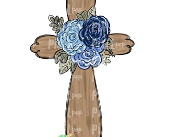Cruz con flores azules PNG / Cruz / Clip Art de cruz / Arte religioso / Sublimación PNG / Descarga digital / Ilustración imprimible / Arte