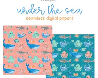 Under the Sea Seamless Digital Papers Set of Two PNG | Ocean Animals | Hand Painted | Sublimation | Digital Download | Scrapbooking Paper