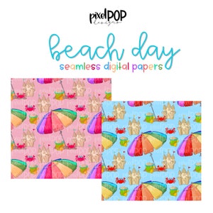 Beach Day Pink Seamless Digital Paper Set of Two PNG | Beach Crab Sandcastle Art | Hand Painted | Digital Download | Digital Scrapbooking