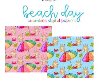 Beach Day Pink Seamless Digital Paper Set of Two PNG | Beach Crab Sandcastle Art | Hand Painted | Digital Download | Digital Scrapbooking