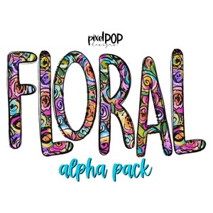 Conjunto de letras do alfabeto em acrílico floral alegre | Fonte Alphapack | Aquarela | PNG | Letra de rabisco de sublimação | Conjunto de fontes | Letras de transferência