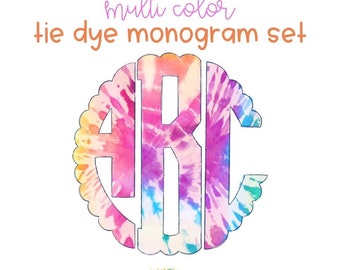 May include: Multi color tie dye monogram set with the letters A, R, and C in a circle. The letters are outlined in black and the background is a tie dye pattern with pink, blue, yellow, and orange colors.
