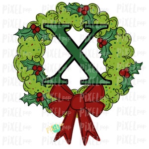 Whimsical Holly Wreath with X Monogram PNG | Christmas Sublimation | Hand Painted | Sublimation | Digital Download | Printable Artwork | Art