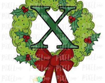 Whimsical Holly Wreath with X Monogram PNG | Christmas Sublimation | Hand Painted | Sublimation | Digital Download | Printable Artwork | Art