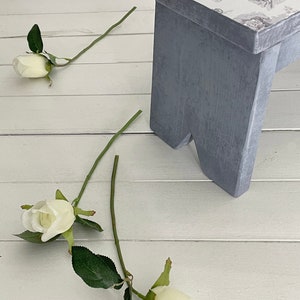 Peut inclure: Un tabouret en bois gris avec un dessus blanc orn&eacute; d'un motif floral. Trois roses blanches sont sur le sol blanc.