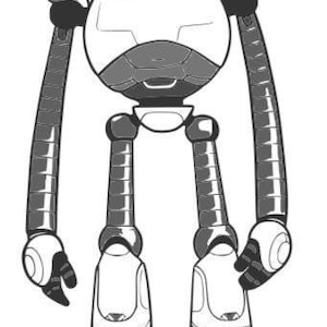 May include: Illustration of a robot with a round head and body, long arms, and articulated legs. The robot is primarily white with gray and black accents. The eyes are blue.